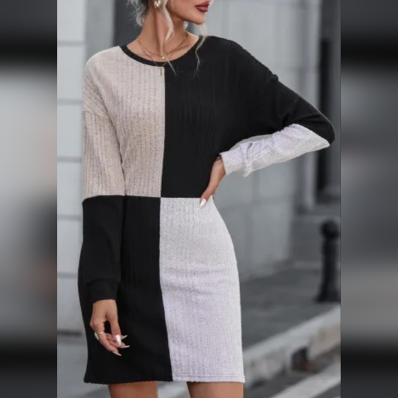 🌷LAST TWO!!  Black Ribbed Color Block Drop Shoulder Long Sleeve Mini Dress - Picture 8 of 8